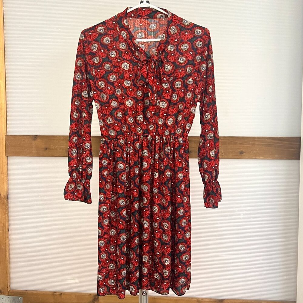Modern Floral Geometric Pattern Tie Neck Lantern Sleeve Mini Dress Sz S No label